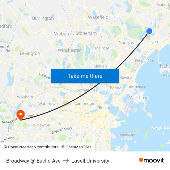 Broadway @ Euclid Ave to Lasell University map