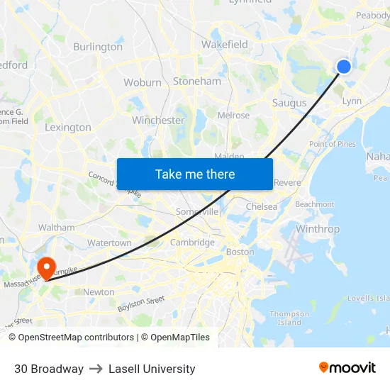 30 Broadway to Lasell University map
