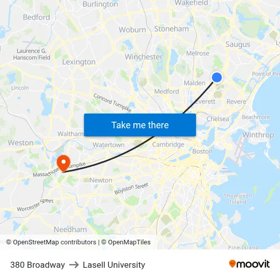 380 Broadway to Lasell University map