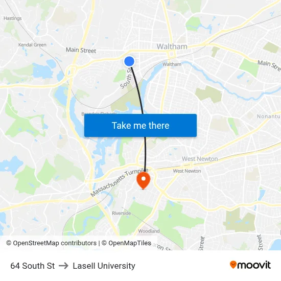 64 South St to Lasell University map