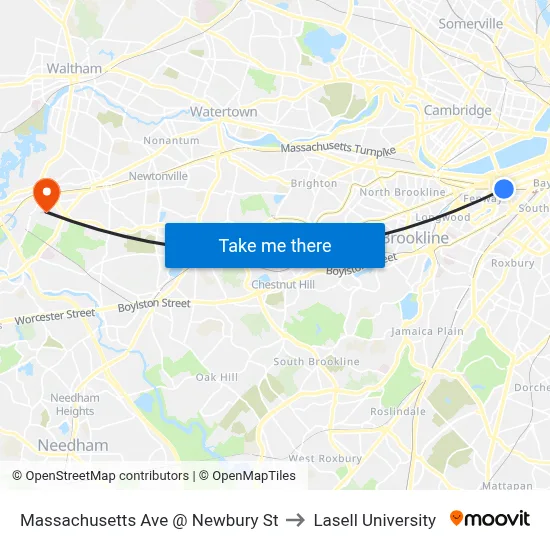 Massachusetts Ave @ Newbury St to Lasell University map