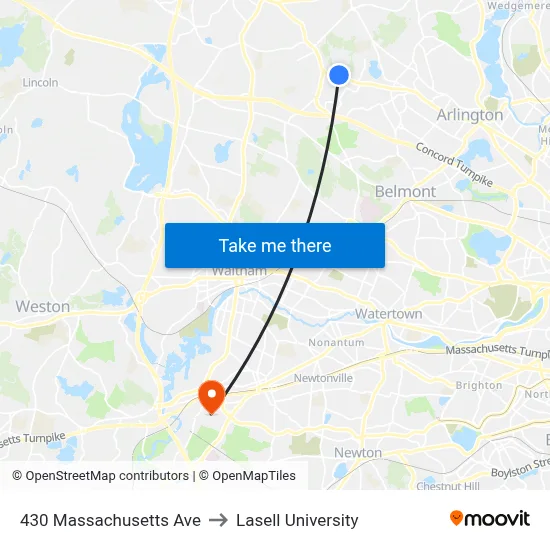 430 Massachusetts Ave to Lasell University map