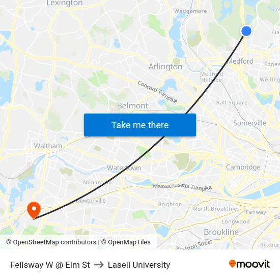 Fellsway W @ Elm St to Lasell University map