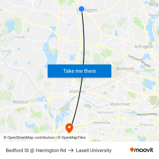 Bedford St @ Harrington Rd to Lasell University map