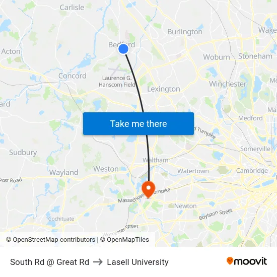 South Rd @ Great Rd to Lasell University map