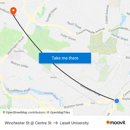 Winchester St @ Centre St to Lasell University map