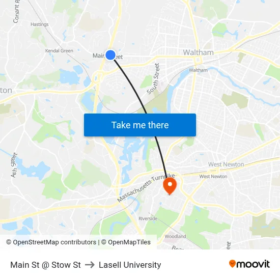 Main St @ Stow St to Lasell University map