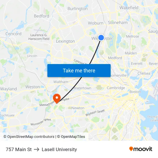 757 Main St to Lasell University map