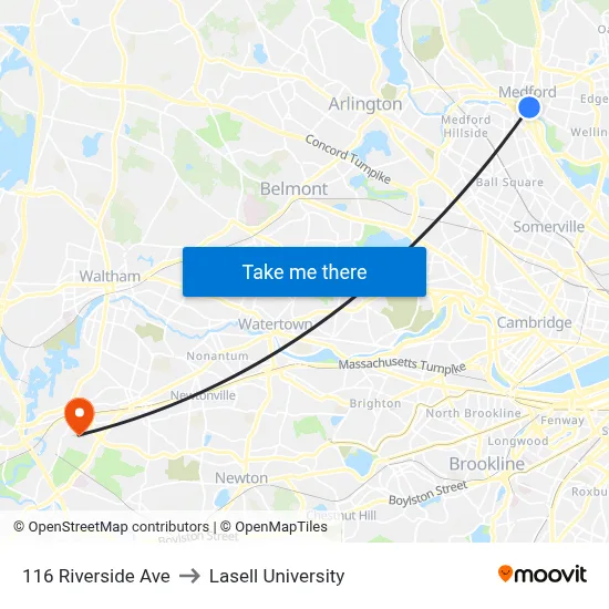 116 Riverside Ave to Lasell University map