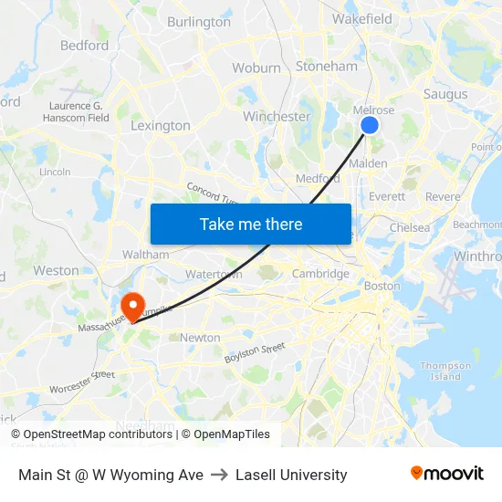 Main St @ W Wyoming Ave to Lasell University map