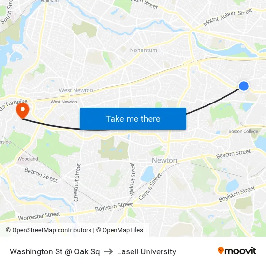 Washington St @ Oak Sq to Lasell University map
