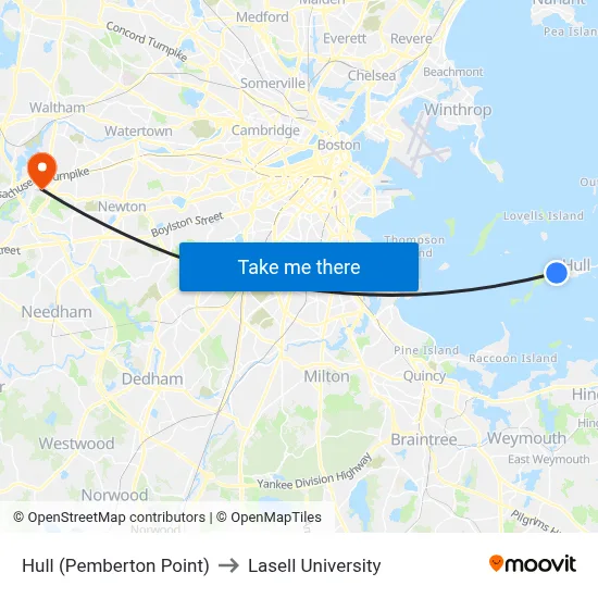 Hull (Pemberton Point) to Lasell University map