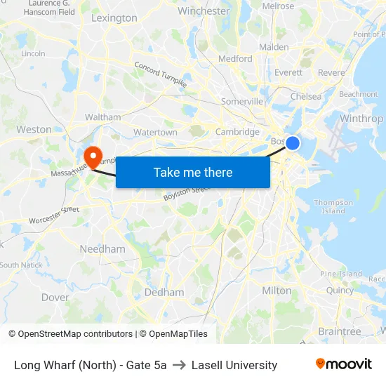 Long Wharf (North) - Gate 5a to Lasell University map