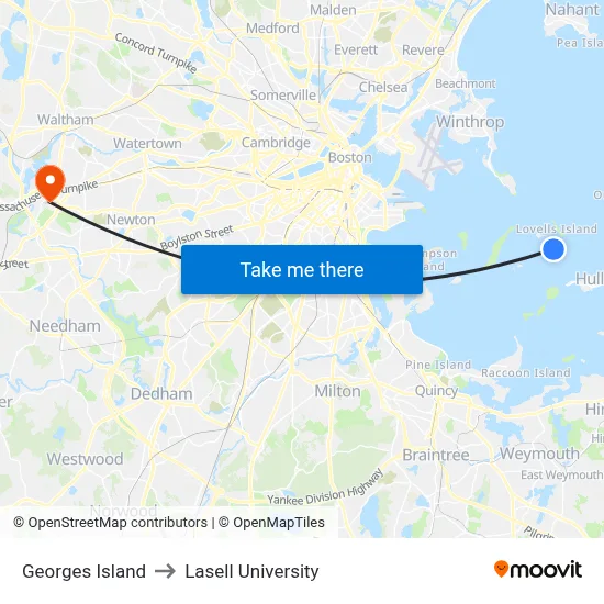 Georges Island to Lasell University map
