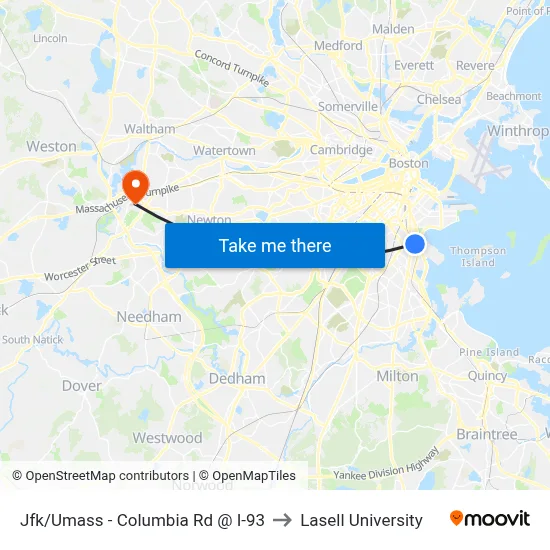 Jfk/Umass - Columbia Rd @ I-93 to Lasell University map