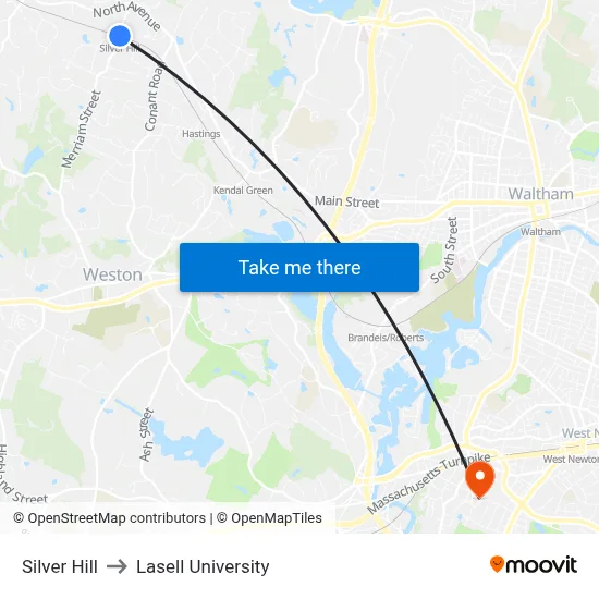 Silver Hill to Lasell University map