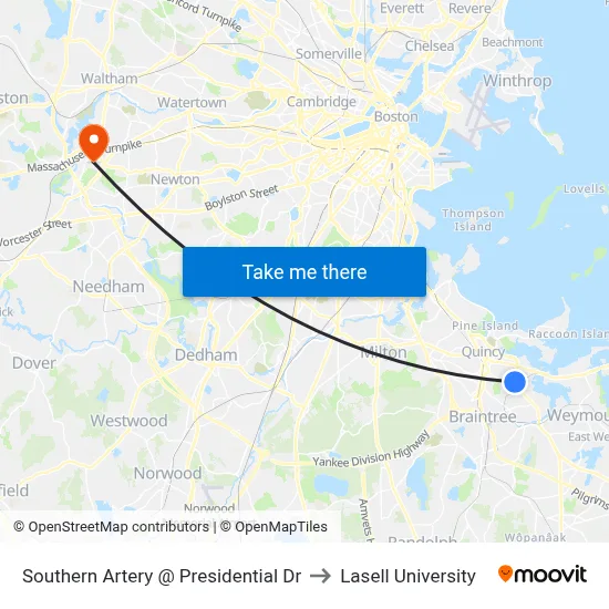 Southern Artery @ Presidential Dr to Lasell University map