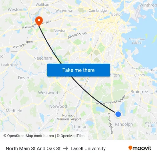 North Main St And Oak St to Lasell University map