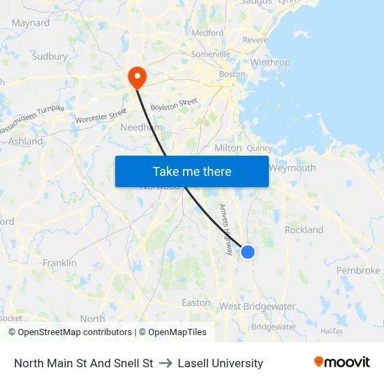 North Main St And Snell St to Lasell University map