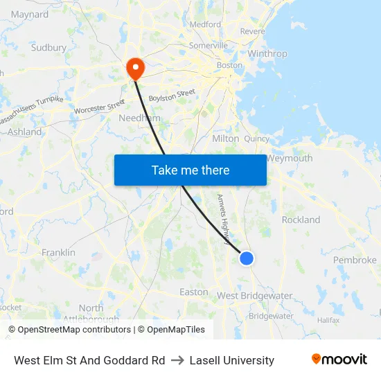 West Elm St And Goddard Rd to Lasell University map