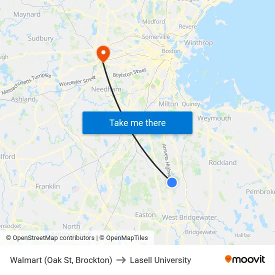 Walmart (Oak St, Brockton) to Lasell University map