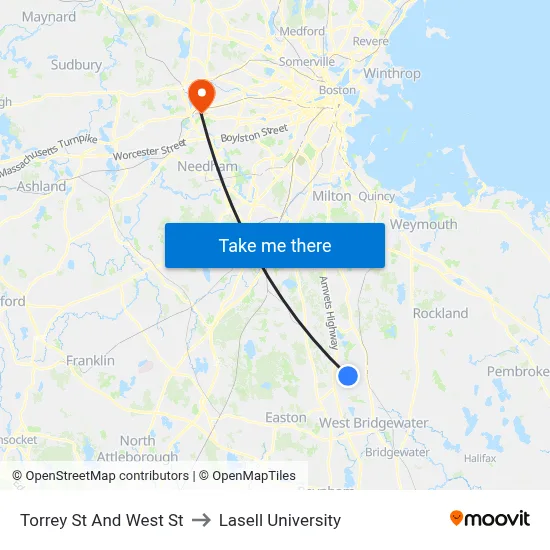 Torrey St And West St to Lasell University map