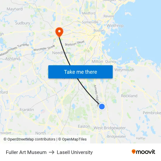 Fuller Art Museum to Lasell University map