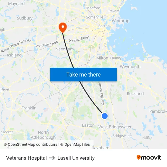Veterans Hospital to Lasell University map