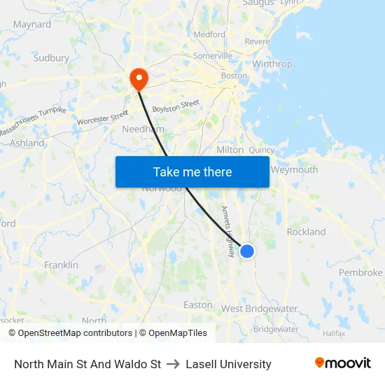 North Main St And Waldo St to Lasell University map