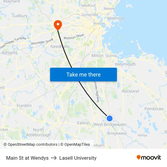 Main St at Wendys to Lasell University map