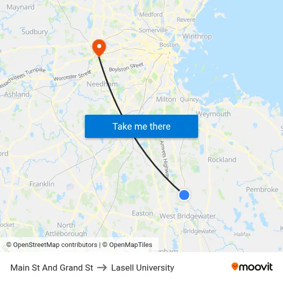 Main St And Grand St to Lasell University map