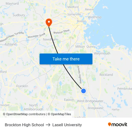 Brockton High School to Lasell University map