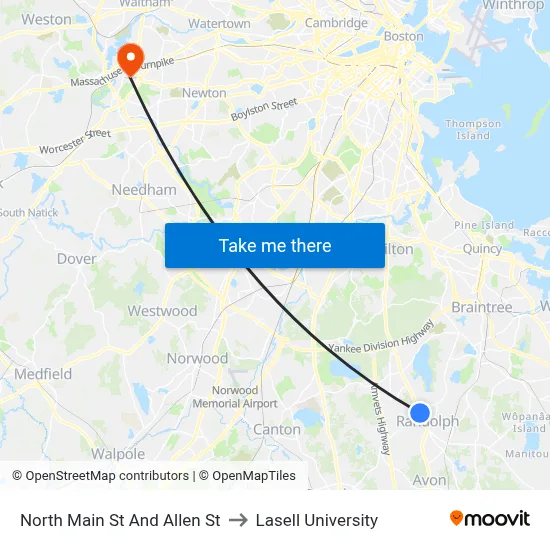 North Main St And Allen St to Lasell University map