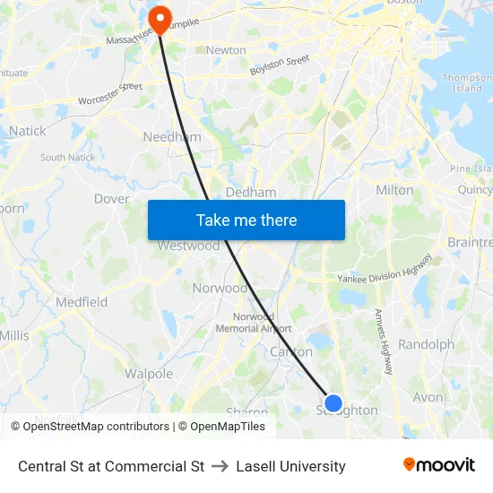Central St at Commercial St to Lasell University map