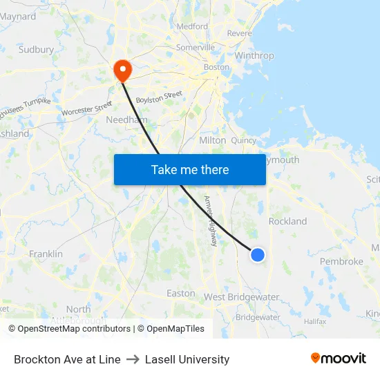 Brockton Ave at Line to Lasell University map
