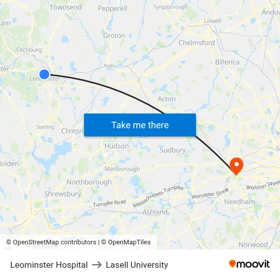 Leominster Hospital to Lasell University map