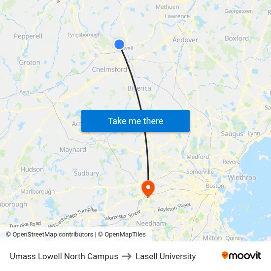 Umass Lowell North Campus to Lasell University map