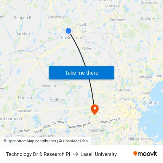 Technology Dr & Research Pl to Lasell University map