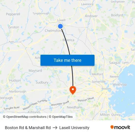 Boston Rd & Marshall Rd to Lasell University map
