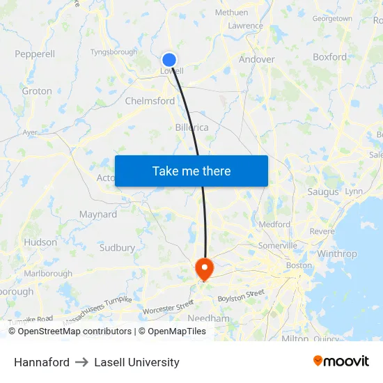 Hannaford to Lasell University map