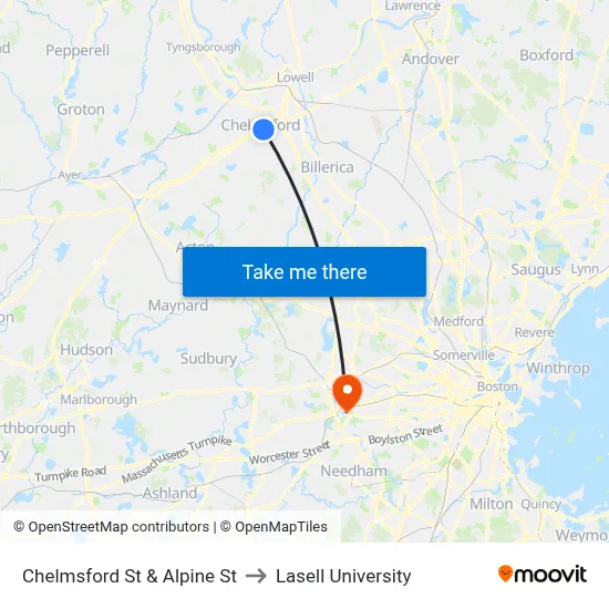 Chelmsford St & Alpine St to Lasell University map