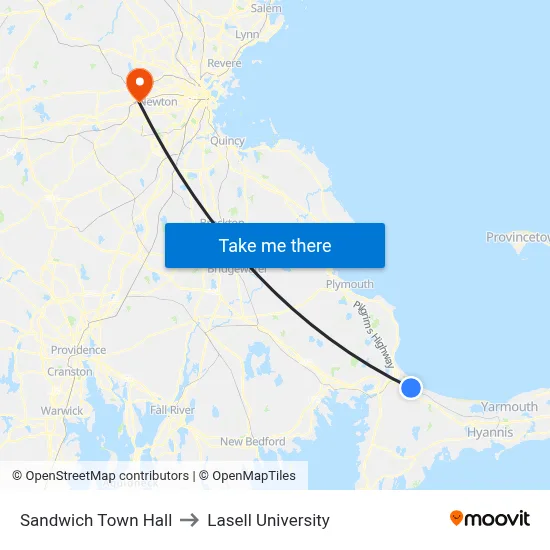 Sandwich Town Hall to Lasell University map