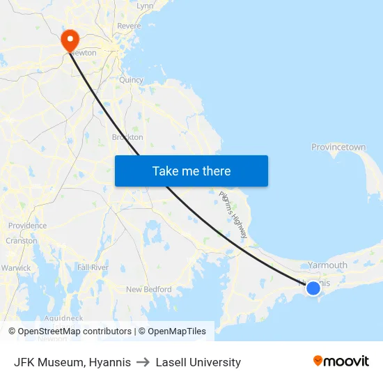 JFK Museum, Hyannis to Lasell University map