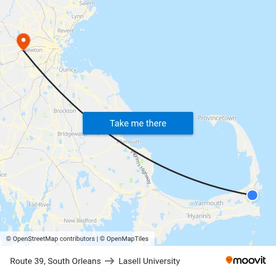Route 39, South Orleans to Lasell University map