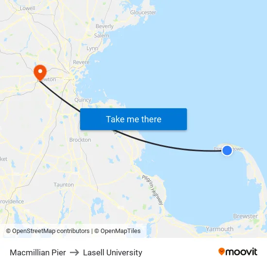 Macmillian Pier to Lasell University map