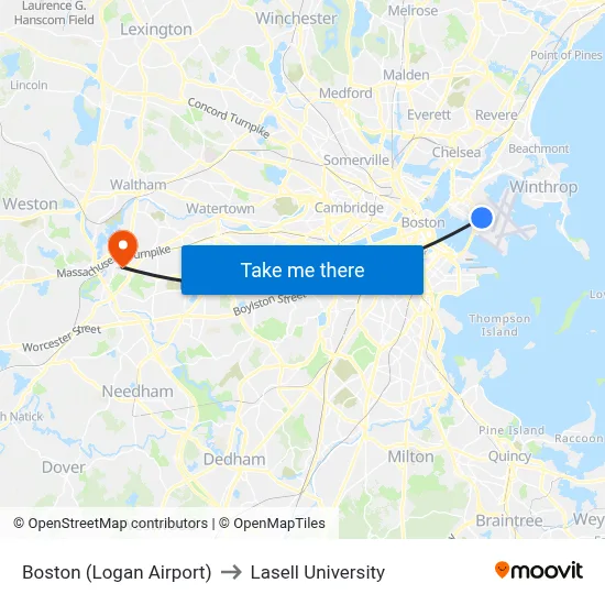 Boston (Logan Airport) to Lasell University map