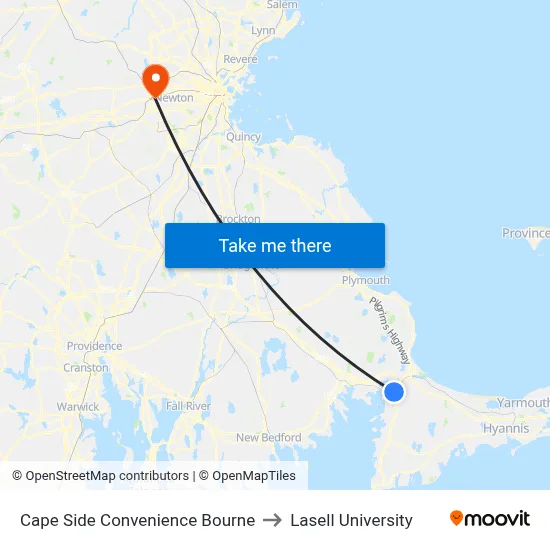 Cape Side Convenience Bourne to Lasell University map