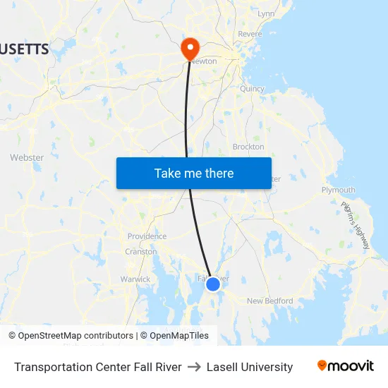 Transportation Center Fall River to Lasell University map