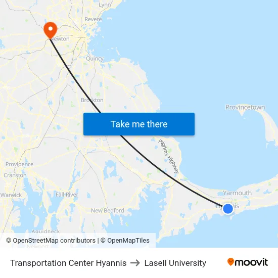 Transportation Center Hyannis to Lasell University map