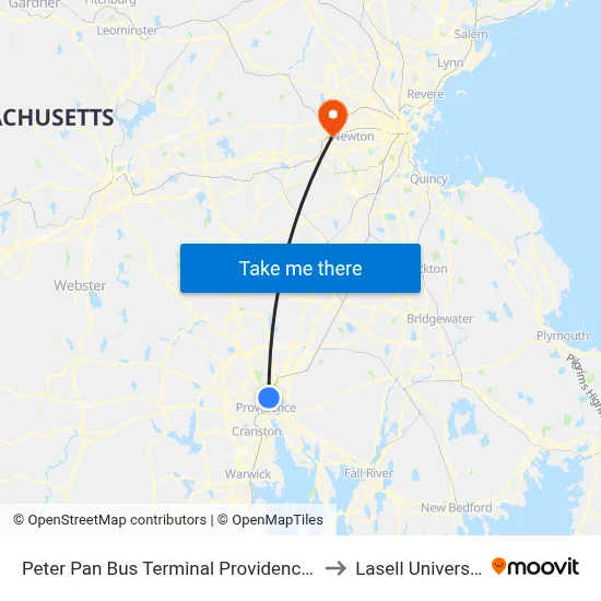 Peter Pan Bus Terminal Providence Ri to Lasell University map